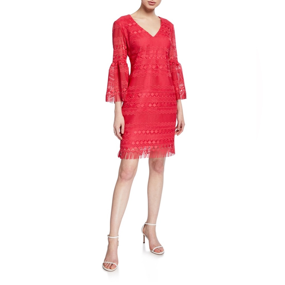 Trina Turk Keys Pink Grapefruit Bell Sleeve V-Neck Crochet Dress 2 NWT
